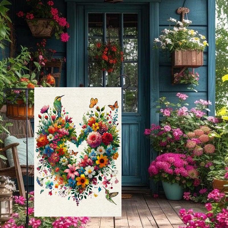 RMXJKIIU Colorful Floral Love Hearts Garden Flag 12x18 Inch Double Sided Small Burlap Birds Flowers Butterflies Outdoor Decorations Spring Summer Garden Flags Patio Yard Outside Decor - Image 5