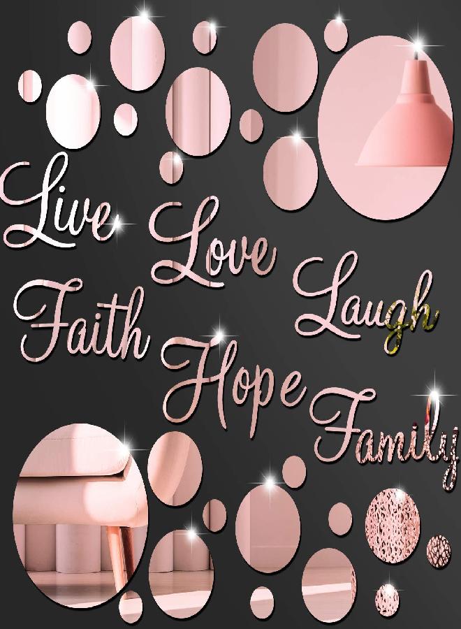 Zonon 3D Acrylic Mirror Wall Decor Stickers Round DIY Faith Live Laugh Hope Love Family Mirror Wall Decor Solid Circle Mirror Wall Decal for Home Office School Classroom Teen Dorm Room Decoration(Rose Gold)