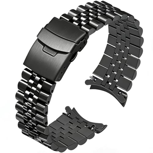 Juntan Stainless Steel Curved Ends Watch Band, 24mm Metal Tapered Watch Strap Replacement Bracelet for Men Women with Deployment Double Flip Lock Buckle Black - Image 1