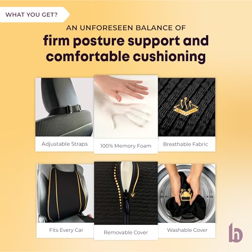 betterhood PosturePro Premium Backrest Car Pillow | Lumbar Support for Car | 100% Memory Foam, Cotton Cover Car Cushion | Orthopedic Ergonomic Car Seat Back Support | Extra Leg-Room Design (Black) - Image 3