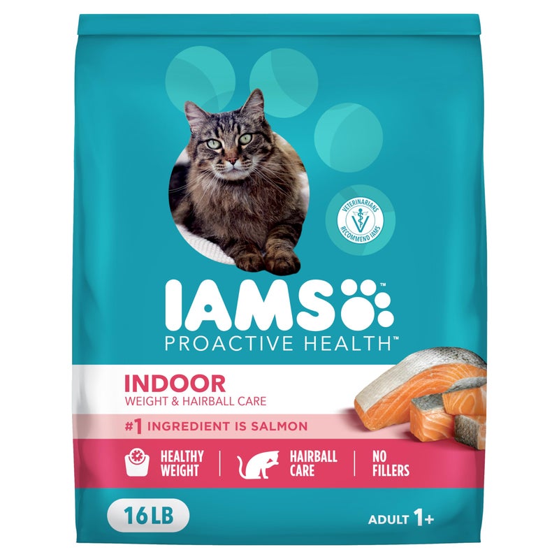 IAMS Proactive Health Dry Cat Food, Indoor Weight and Hairball Care Cat Food Dry Recipe, with Salmon, 16 lb. Bag - Image 1