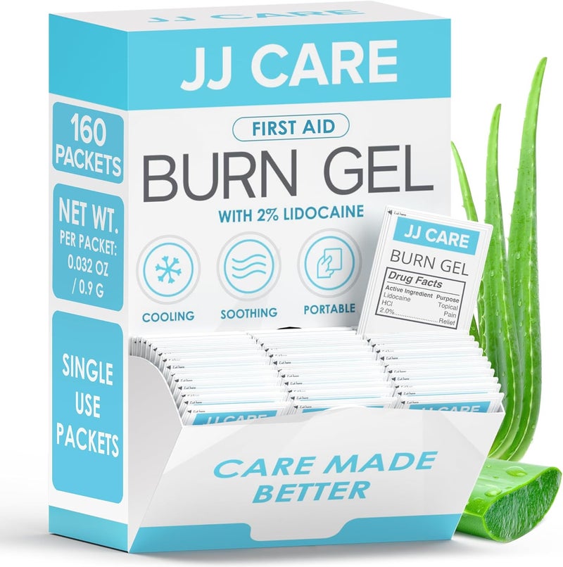 JJ CARE جي جي كير جل الحروق عبوة من 160 عبوة جل مهدئ للحروق للإسعافات الأولية جل تخفيف حروق الشمس عبوات فردية مع ليدوكائين وصبار 09 جرام لكل عبوة - Image 1