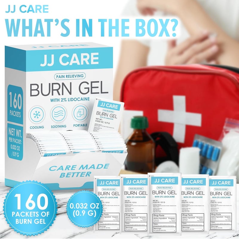 JJ CARE جي جي كير جل الحروق عبوة من 160 عبوة جل مهدئ للحروق للإسعافات الأولية جل تخفيف حروق الشمس عبوات فردية مع ليدوكائين وصبار 09 جرام لكل عبوة - Image 5