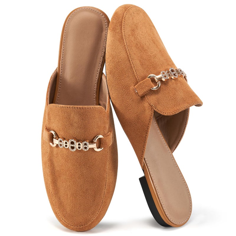 FUDYNMALC Womens Mules Buckle Flats: Classic Suede Slip On Shoes Dressy Closed Toe Backless Slides Loafers 2026 for Business Work Office Casual Brown - Image 1