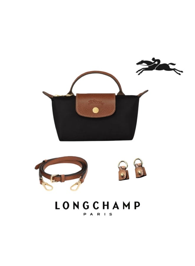 لونج شامب Le Pliage الأصلي يأتي في حقيبة صغيرة مع مقبض وحزام الكتف السوداء - قماش المعاد تدويره - Image 1