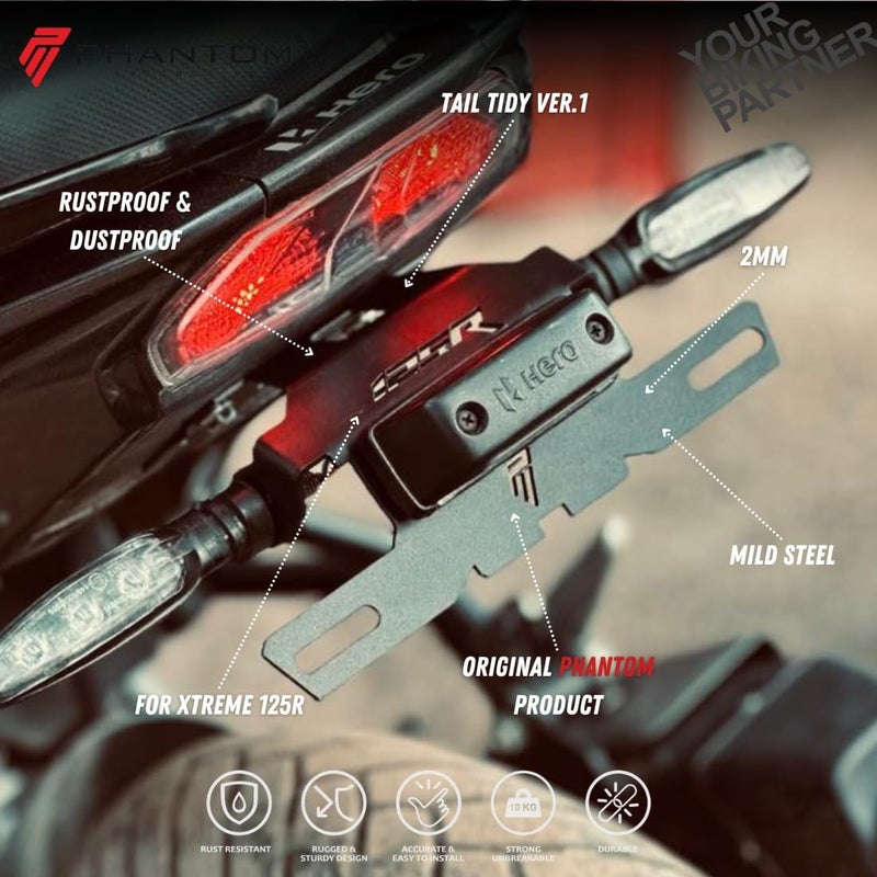 PHANTOM مجموعة فانتوم بريميوم لتعديل الذيل لـ Xtreme 125R | مجموعة إزالة الفندر الخلفي لمظهر رياضي نظيف | حامل لوحة أرقام معدني متين مع توافق LED | تركيب سهل لـ Hero Xtreme 125R V1.0 - Image 4