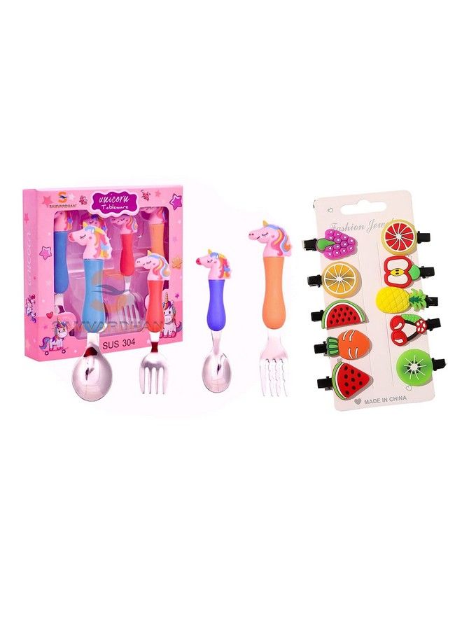 Samvardhan Stainless Steel Unicorn Tableware Set Of Feeding Fork And Spoon For Kids Combo With 1 Pc Hair Clip - Image 2