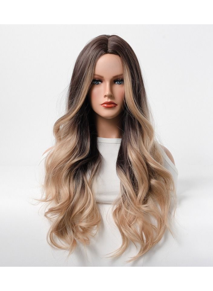Estelle Wig Female Long Curly Hair Big Wave Medium Long Full Headgear Black Gold - Image 1