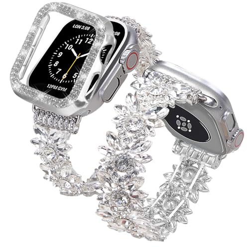 VIQIV Bling Dressy Bracelet with Case Compatible with Apple Watch Bands 38mm 40mm 41mm 42mm 44mm 45mm 49mm for Women Girls Strethy Slim Jewelry Starlight Stainless Steel Metal Wristband Strap for iWatch Ultra 2Ultra Series 987654321SE - Image 1