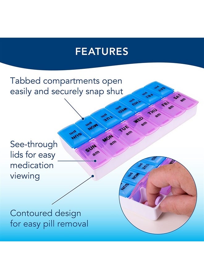 APEX Twice-A-Day Weekly Pill Organizer, Weekly Pill Organizer, 2 Times a Day Color-Coded, Easy-Open, See-Through Lids, Organize Medication or Vitamins by AM, PM or Morning and Bedtime, Assorted  - Image 2