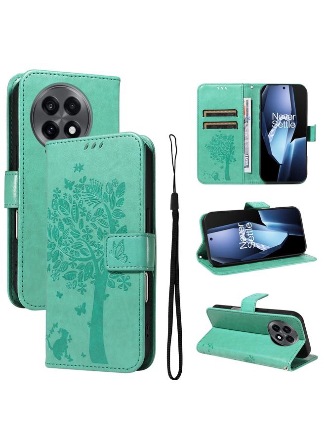 The Bros Case For OnePlus 13R Global Tree & Cat Embossed Pattern Flip Leather Phone Case
