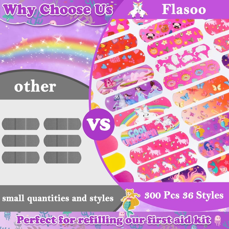 Flasoo 36 Styles Kids Cartoon Bandages 300 Pcs Girls Bandage Mermaid Bandages Variety Pack Fun Bandages Waterproof Protect Scrapes and Cuts for Girls Boys Children Toddlers - Image 2