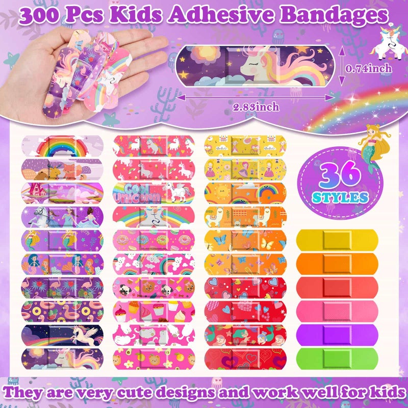 Flasoo 36 Styles Kids Cartoon Bandages 300 Pcs Girls Bandage Mermaid Bandages Variety Pack Fun Bandages Waterproof Protect Scrapes and Cuts for Girls Boys Children Toddlers - Image 3
