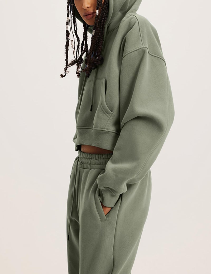 Flygo Womens Fleece 2 Piece Outfits Sweatsuit Crop Pullover Sweatshirt Joggers Pants Tracksuit Set(GreyGreen-XL) - Image 3