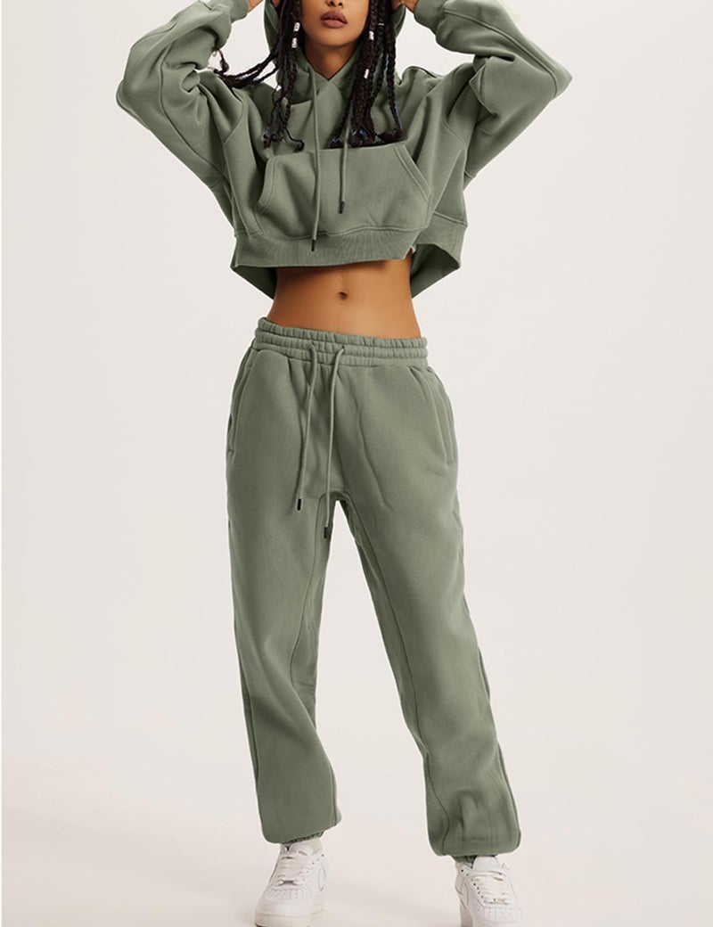 Flygo Womens Fleece 2 Piece Outfits Sweatsuit Crop Pullover Sweatshirt Joggers Pants Tracksuit Set(GreyGreen-XL) - Image 4