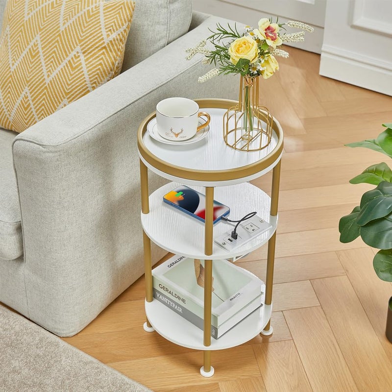 ZEXVIDA Small Round End Table with Charging Station, 3-Tier Accent Couch Beside Table with USB Ports & Power Outlets, Sofa Side Table for Living Room Small Nightstand Bedroom (USB Charger, White+Gold) - Image 2