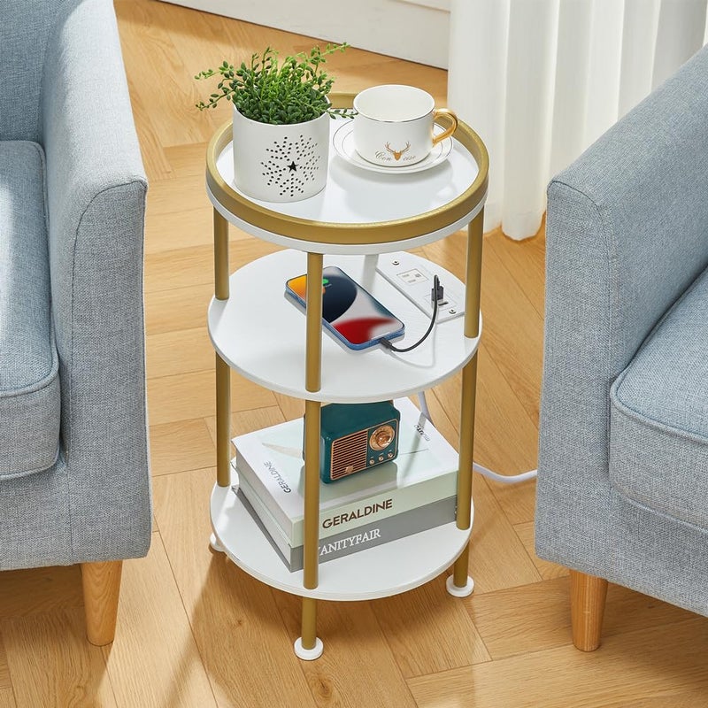 ZEXVIDA Small Round End Table with Charging Station, 3-Tier Accent Couch Beside Table with USB Ports & Power Outlets, Sofa Side Table for Living Room Small Nightstand Bedroom (USB Charger, White+Gold) - Image 4