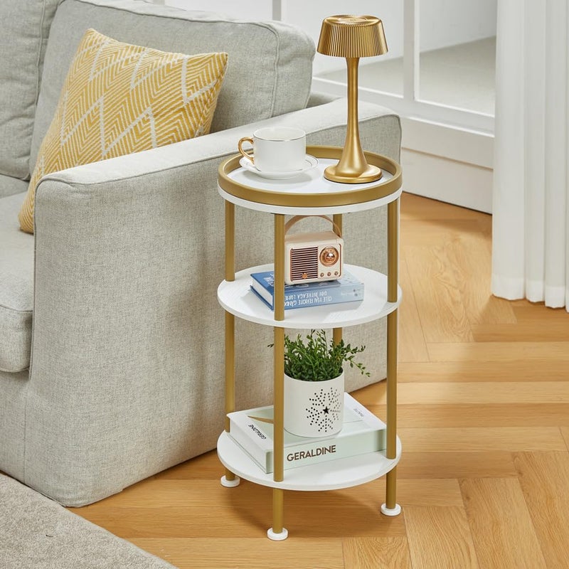 ZEXVIDA Small Round End Table with Charging Station, 3-Tier Accent Couch Beside Table with USB Ports & Power Outlets, Sofa Side Table for Living Room Small Nightstand Bedroom (USB Charger, White+Gold) - Image 3