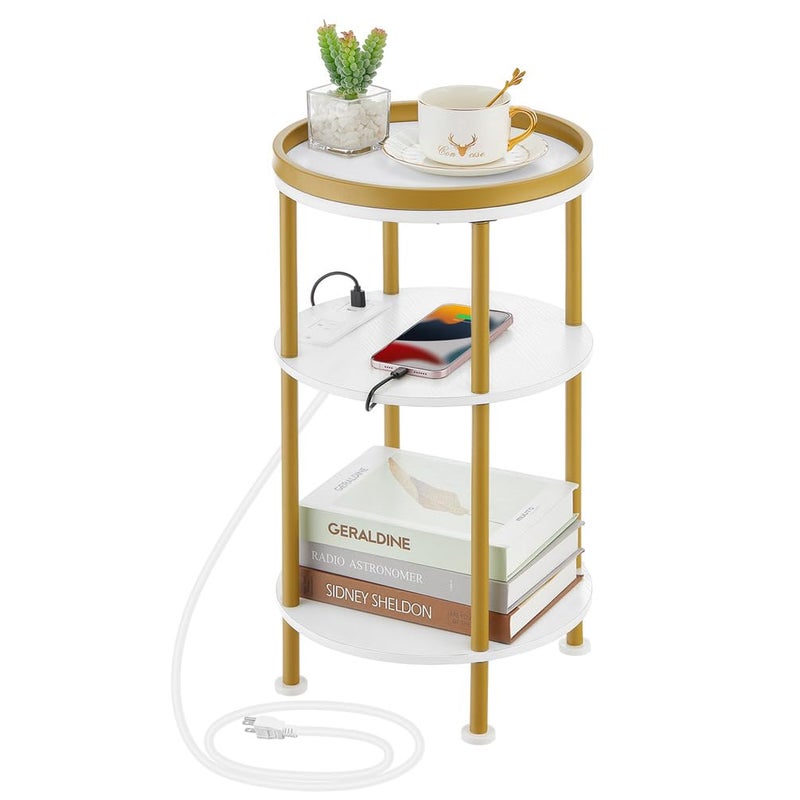 ZEXVIDA Small Round End Table with Charging Station, 3-Tier Accent Couch Beside Table with USB Ports & Power Outlets, Sofa Side Table for Living Room Small Nightstand Bedroom (USB Charger, White+Gold) - Image 1