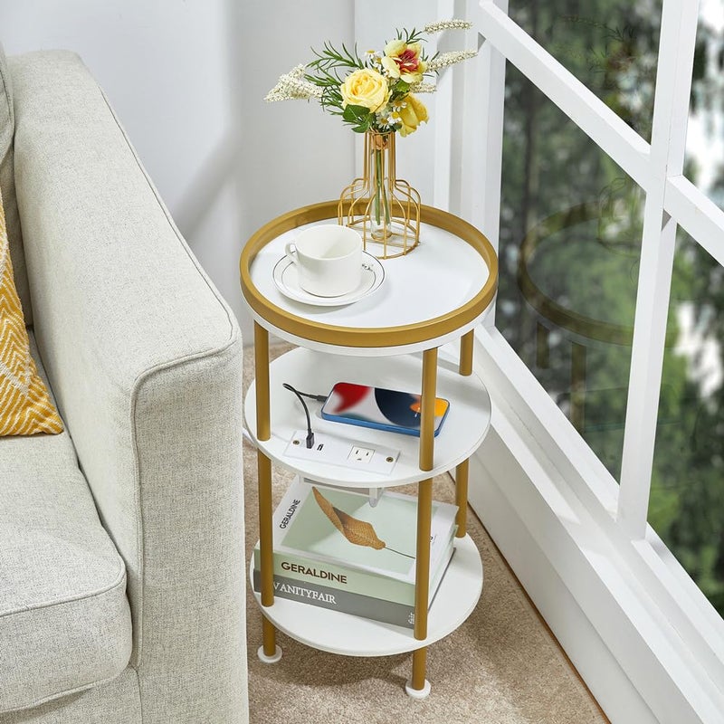 ZEXVIDA Small Round End Table with Charging Station, 3-Tier Accent Couch Beside Table with USB Ports & Power Outlets, Sofa Side Table for Living Room Small Nightstand Bedroom (USB Charger, White+Gold) - Image 5