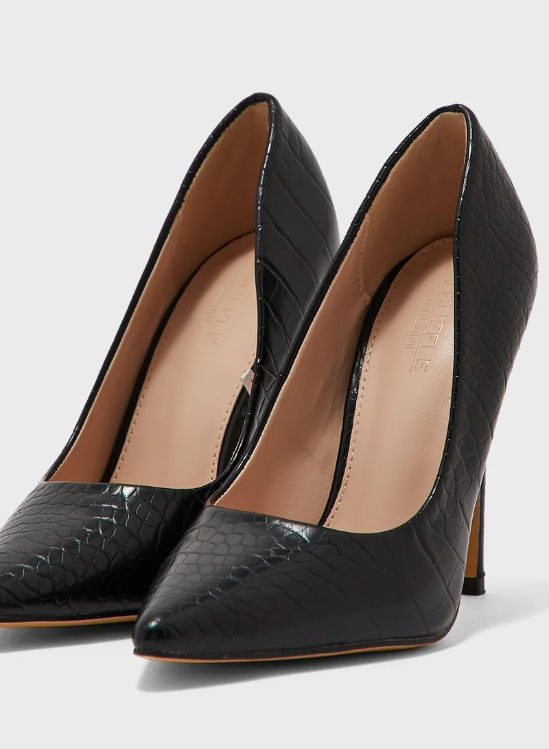 Truffle Wide Fit Shiny Croc Effect Pointed Pump