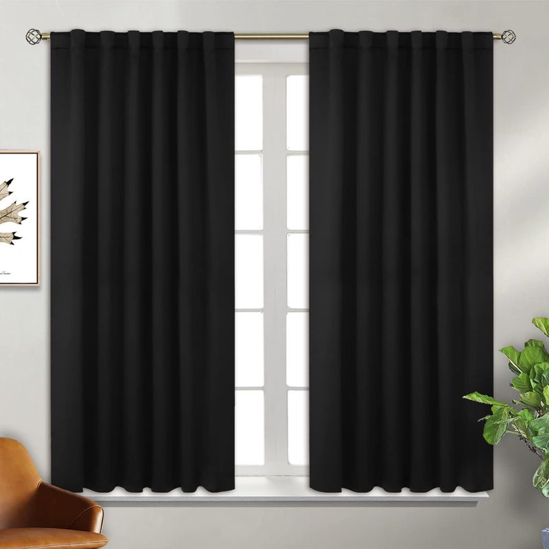 BGment Rod Pocket and Back Tab Blackout Curtains for Bedroom - Thermal Insulated Room Darkening Curtains for Living Room  Set of 2 Panels (52 x 45 Inch  Black) - Image 1