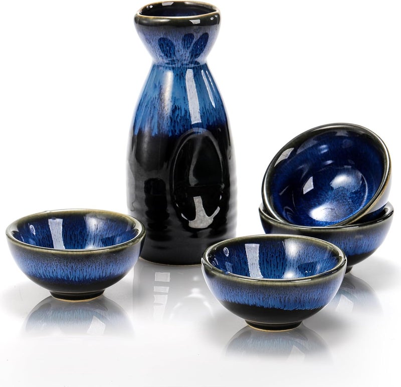 Goaste 5 Pieces Ceramic Sake Set, Kiln-Change Japanese Style Sake Cups, Traditional Pottery Sake Tumbler Set with 1 Carafe and 4 Cups in Dark Blue for Hot or Iced Sake, Dishwasher Safe - Image 1