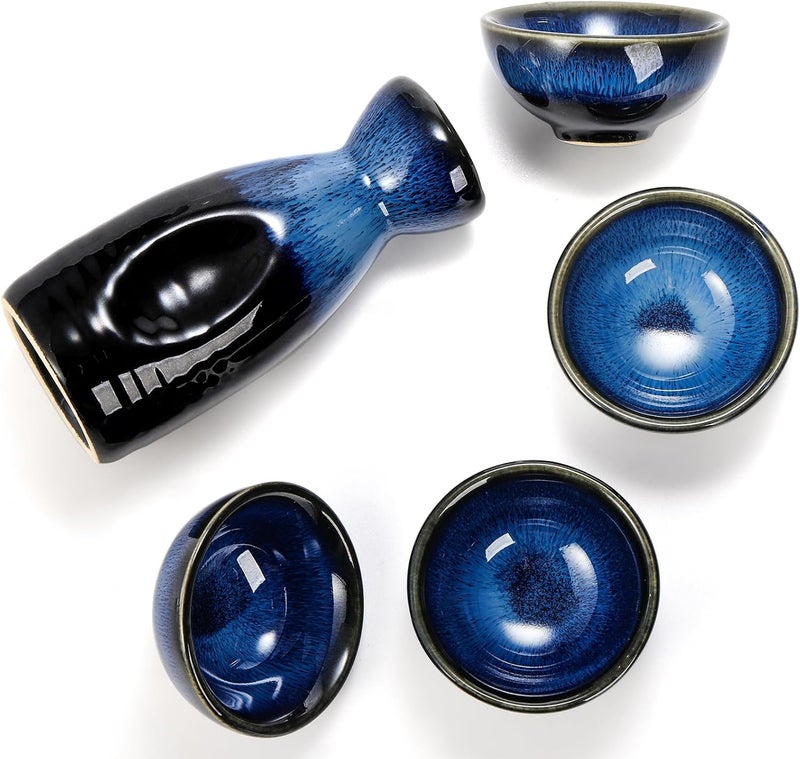 Goaste 5 Pieces Ceramic Sake Set, Kiln-Change Japanese Style Sake Cups, Traditional Pottery Sake Tumbler Set with 1 Carafe and 4 Cups in Dark Blue for Hot or Iced Sake, Dishwasher Safe - Image 4