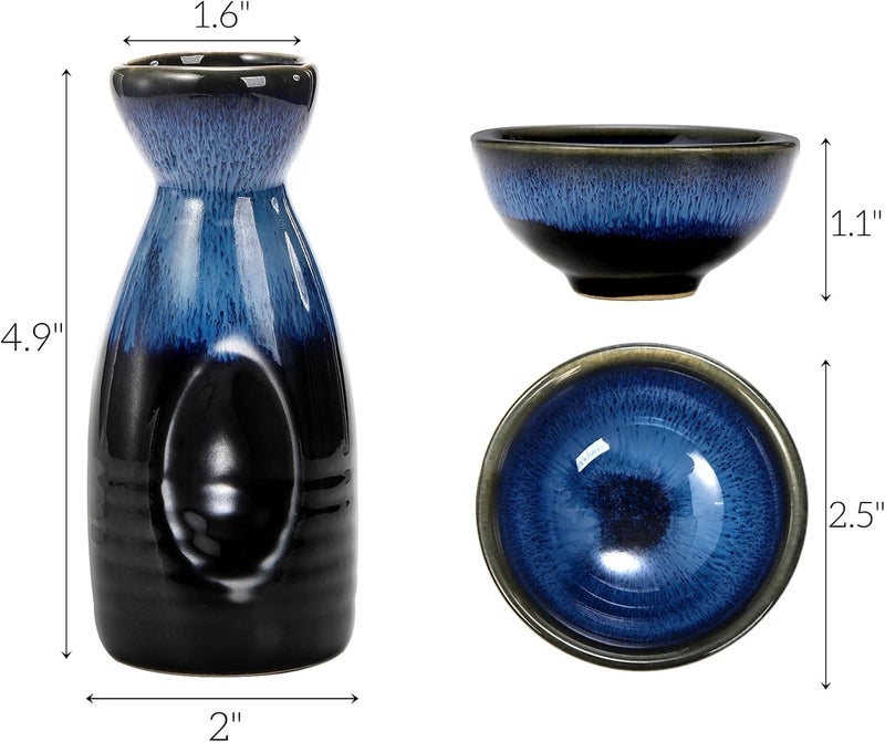 Goaste 5 Pieces Ceramic Sake Set, Kiln-Change Japanese Style Sake Cups, Traditional Pottery Sake Tumbler Set with 1 Carafe and 4 Cups in Dark Blue for Hot or Iced Sake, Dishwasher Safe - Image 2