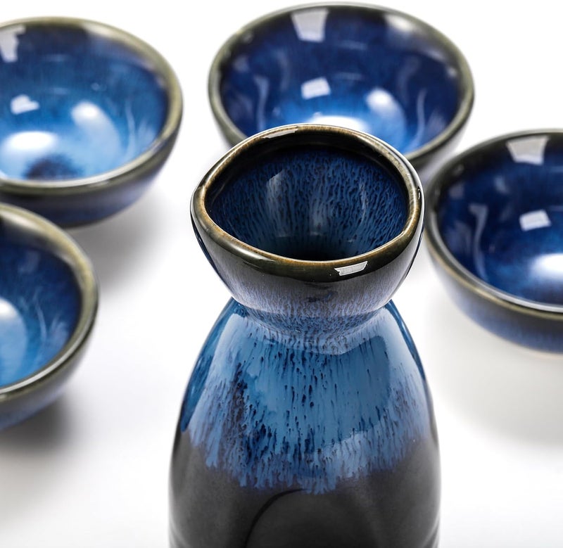 Goaste 5 Pieces Ceramic Sake Set, Kiln-Change Japanese Style Sake Cups, Traditional Pottery Sake Tumbler Set with 1 Carafe and 4 Cups in Dark Blue for Hot or Iced Sake, Dishwasher Safe - Image 3