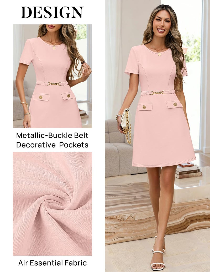MEROKEETY Women's Summer Short Sleeve Mini Dress 2026 Spring Elegant Business A Line Bodycon Work Graduation Short Dress, Pink, Medium - Image 4