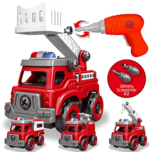 Toyk 4in1 Take Apart Toys Truck with Electric Drill DIY Assembly Fire Truck Toy Vehicles Kids STEM Building Educational Cars Toys Birthday Gifts for Age 3 4 5 6 7 8 Years Old Boys Girls - Image 1