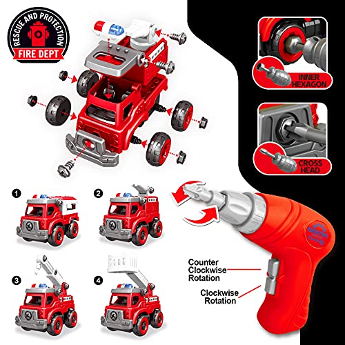 Toyk 4in1 Take Apart Toys Truck with Electric Drill DIY Assembly Fire Truck Toy Vehicles Kids STEM Building Educational Cars Toys Birthday Gifts for Age 3 4 5 6 7 8 Years Old Boys Girls - Image 5