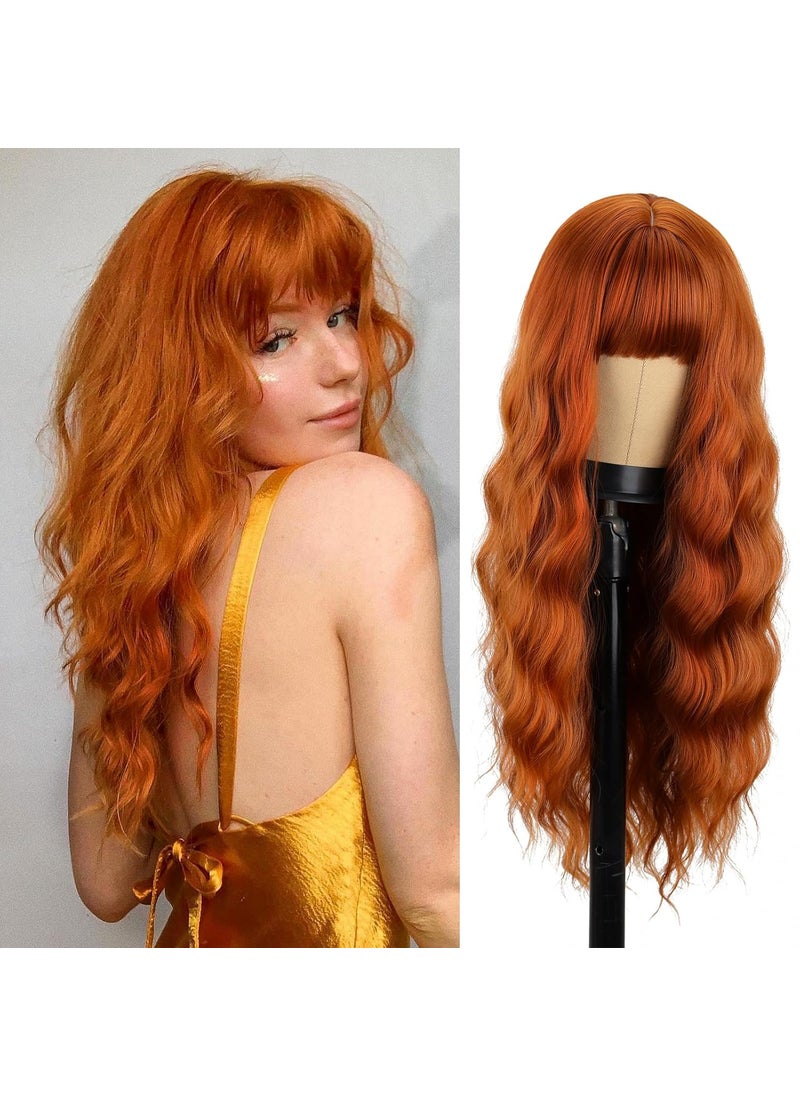 MERISIHAIR MERISIHAIR Long Orange Wig with BangsGinger Wavy Wigs for Women26 Inches Heat Resistant Synthetic Orange Wig For Daily Cosplay Party Use 