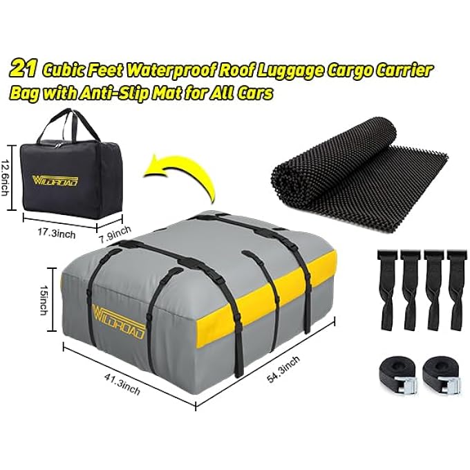 rayihni حقيبة سقف السيارة حاملة البضائع السقفية، سعة 21 قدم مكعب حقيبة أمتعة سقف مقاومة للماء مع حصيرة مضادة للانزلاق لجميع السيارات والمركبات SUV مع/بدون رف (مع 2 حزام ربط 4م) - Image 3