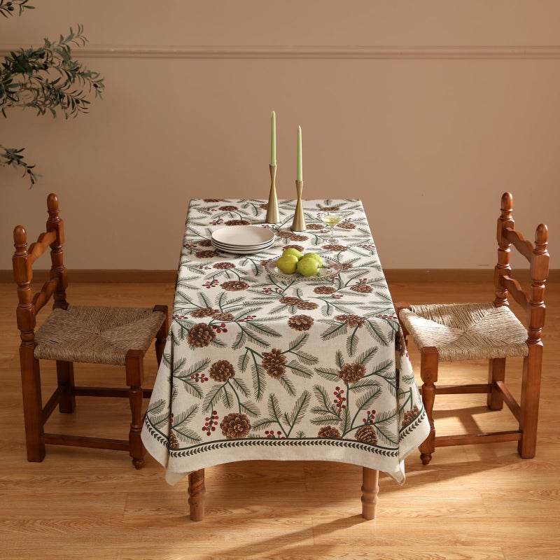ISAENNE Designer Christmas Beige Linen Table Cloth for Rectangle Table,Pinecones Pattern Indoor Tablecloths,Washable Decor Tablecloth for Dining Thanksgiving Kitchen Christmas,55"*79"-Carol B - Image 3
