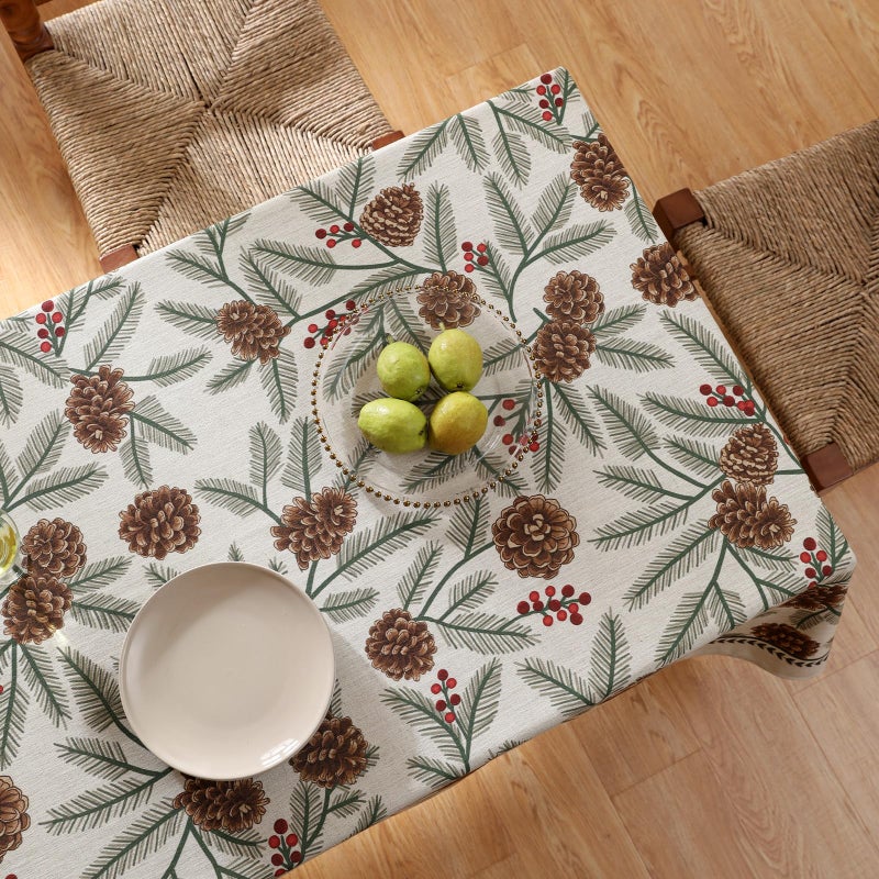 ISAENNE Designer Christmas Beige Linen Table Cloth for Rectangle Table,Pinecones Pattern Indoor Tablecloths,Washable Decor Tablecloth for Dining Thanksgiving Kitchen Christmas,55"*79"-Carol B - Image 4