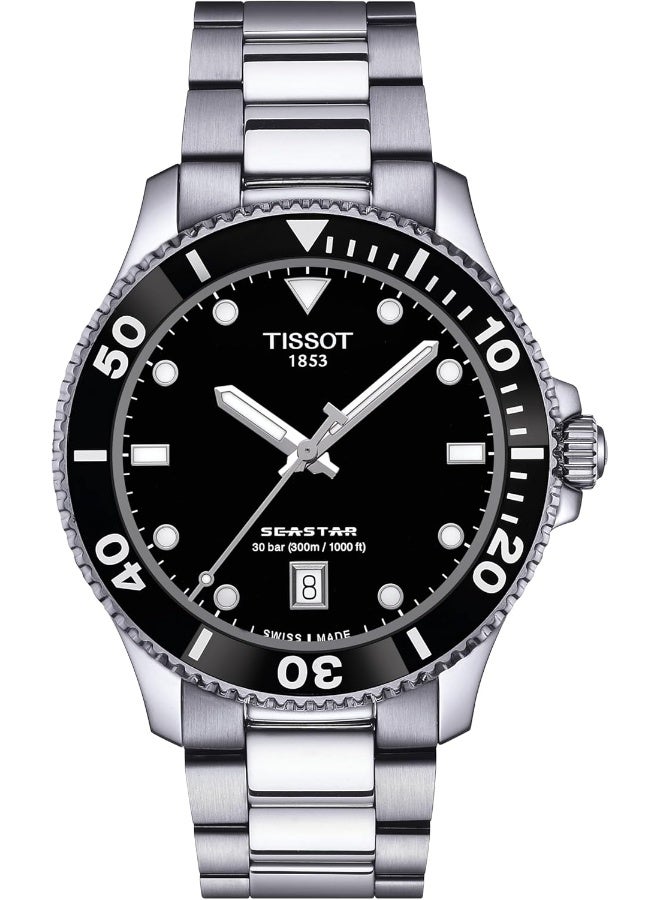 TISSOT ساعة سي ستار 1000 بقرص أسود وحزام فولاذي فضي للرجال T120.410.11.051.00 - Image 1