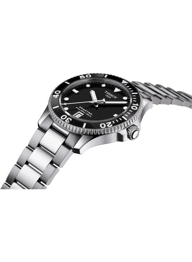 TISSOT ساعة سي ستار 1000 بقرص أسود وحزام فولاذي فضي للرجال T120.410.11.051.00 - Image 4