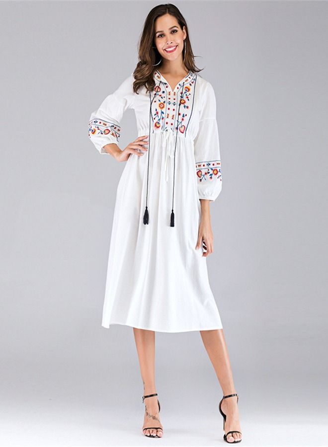 Loquat Women's Embroidered V-neck Lace Up Nine Quarter Sleeve Dress  - Image 2
