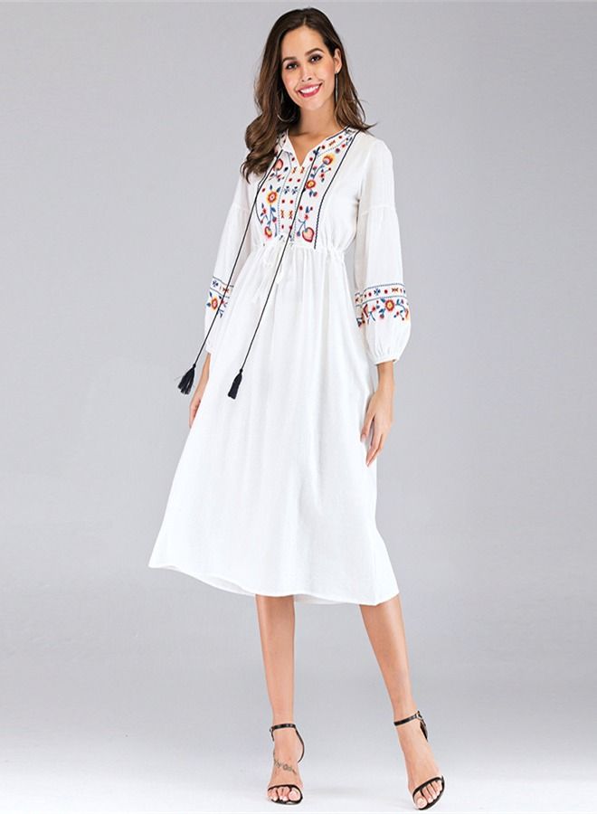 Loquat Women's Embroidered V-neck Lace Up Nine Quarter Sleeve Dress  - Image 1