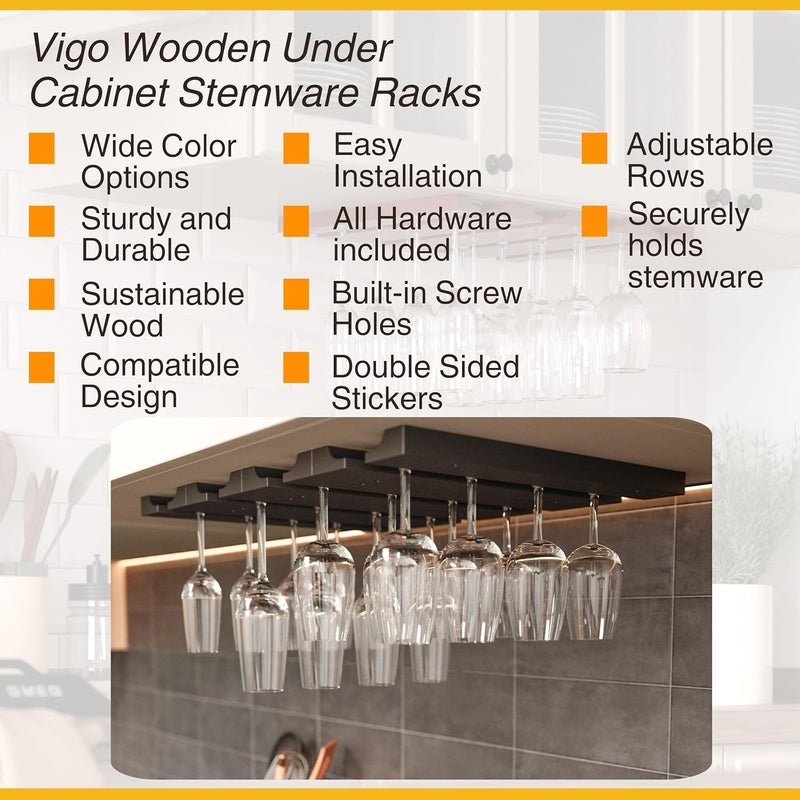 Rustic State Vigo 4 Sectional Adjustable Under Cabinet Mount Wood Stemware Rack Hanging Shelf Glassware Holder Bar Organizer with up to 12 Wine Glass Storage 12 Inch Black - Image 3