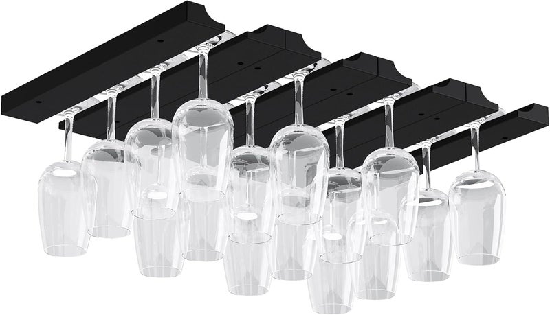 Rustic State Vigo 4 Sectional Adjustable Under Cabinet Mount Wood Stemware Rack Hanging Shelf Glassware Holder Bar Organizer with up to 12 Wine Glass Storage 12 Inch Black - Image 1