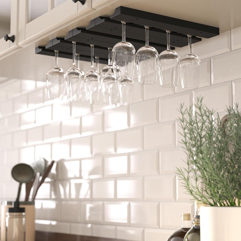 Rustic State Vigo 4 Sectional Adjustable Under Cabinet Mount Wood Stemware Rack Hanging Shelf Glassware Holder Bar Organizer with up to 12 Wine Glass Storage 12 Inch Black - Image 2