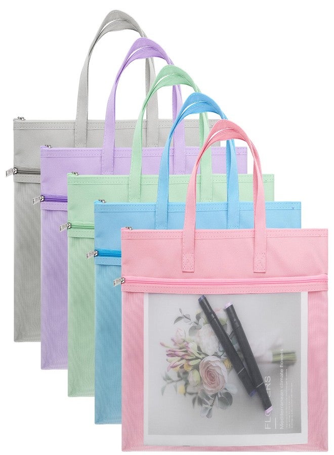 Tlence 5 Pack Mesh Zipper Pouch with Handle, A4 Double Layer Document Storage Bag, Waterproof File Pocket for Paper Books Art Supplies, Foldable Folder Bag Suitable for Office Travel Carry, 5 Colors - Image 1