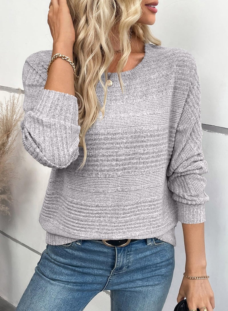 EVALESS Womens Long Sleeve Tops Pullover Blouses Grey Round Neck Lightweight Batwing Sleeves Cute Warm Top Business Fall Casual Office 2026, X-Large - Image 3
