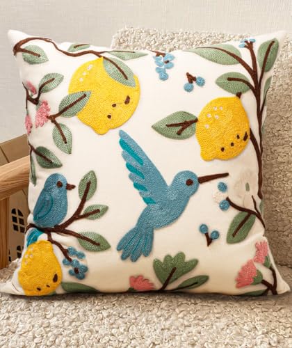 Kokaaee Embroidered Throw Pillow Cover 18x18 Inch Spring Summer Boho Decorative Pillow Cover with Zipper for Living Room Couch Sofa Bed Aesthetic Design Bird Lemon Cushion Pillowcase - Image 1