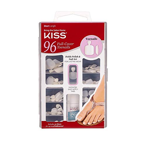 KISS 96 Full Cover Toenails Kit, Long Lasting Fake Nails, DIY Home Manicure Set with Pink Gel Nail Glue 3 g / 0.11 oz. and 96 Fake Toenails in 12 Sizes for up to 4 pedicures - Image 1