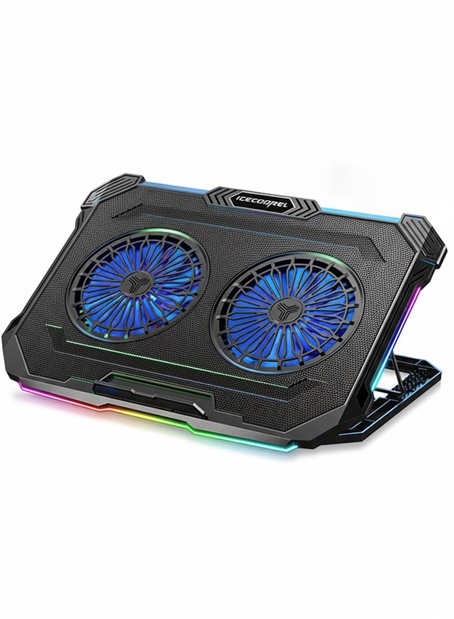 آيس كوريل لوحة تبريد كمبيوتر محمول RGB، مبرد كمبيوتر محمول للألعاب مع مروحتين كبيرتين، سرعة مروحة قابلة للتعديل، حامل 8 ارتفاع لأجهزة الكمبيوتر المحمولة مقاس 15.6-17.3 بوصة مع 8 فتحات ارتفاع، 2 منفذ USB - Image 1