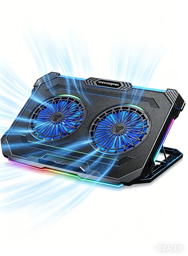 آيس كوريل لوحة تبريد كمبيوتر محمول RGB، مبرد كمبيوتر محمول للألعاب مع مروحتين كبيرتين، سرعة مروحة قابلة للتعديل، حامل 8 ارتفاع لأجهزة الكمبيوتر المحمولة مقاس 15.6-17.3 بوصة مع 8 فتحات ارتفاع، 2 منفذ USB - Image 1